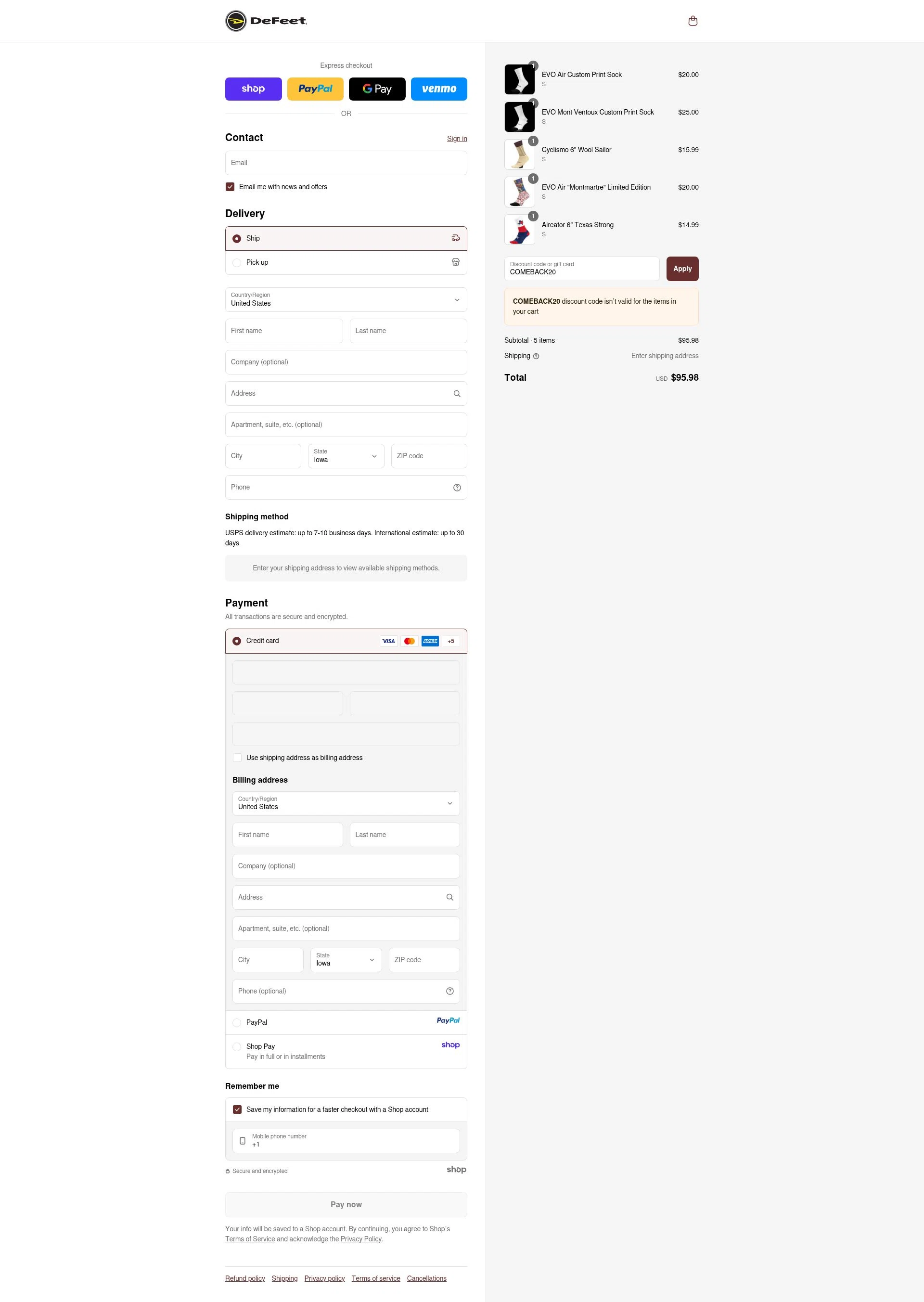DeFeet checkout page showing DeFeet discount code box | Screenshot taken by SimplyCodes community member on Sep 15, 2025