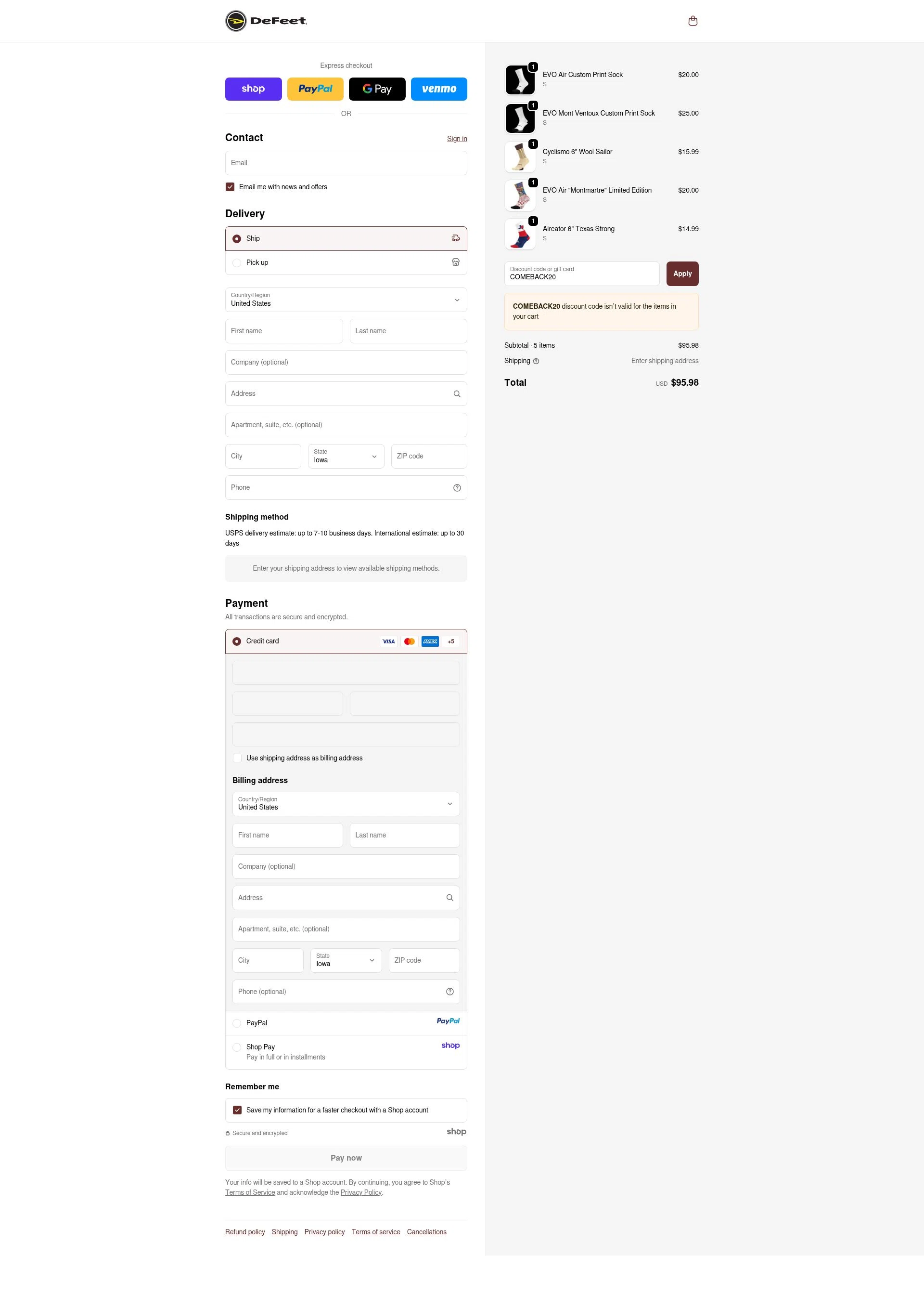 DeFeet checkout page showing DeFeet discount code box | Screenshot taken by SimplyCodes community member on Sep 19, 2025