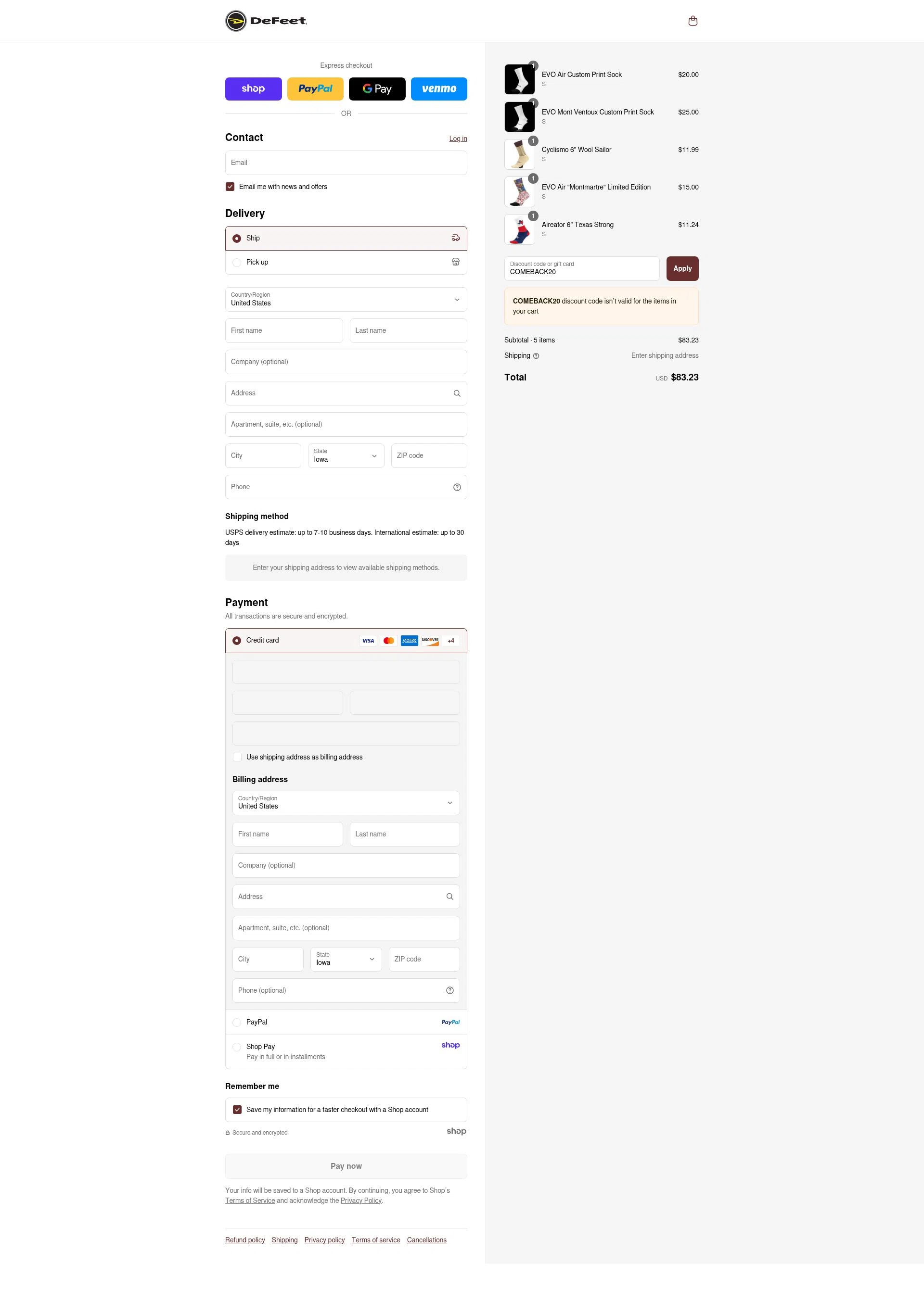 DeFeet checkout page showing DeFeet discount code box | Screenshot taken by SimplyCodes community member on Sep 3, 2025