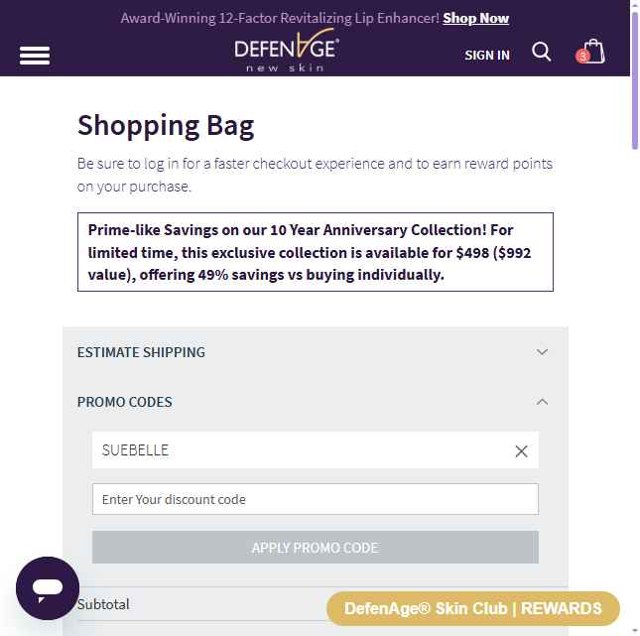 DefenAge checkout page showing DefenAge promo code box | Screenshot taken by SimplyCodes community member on Jul 10, 2025