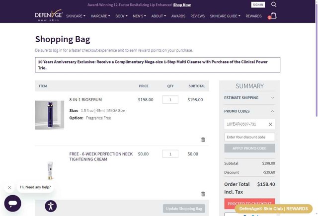 DefenAge checkout page showing DefenAge promo code box | Screenshot taken by SimplyCodes community member on Jun 18, 2025