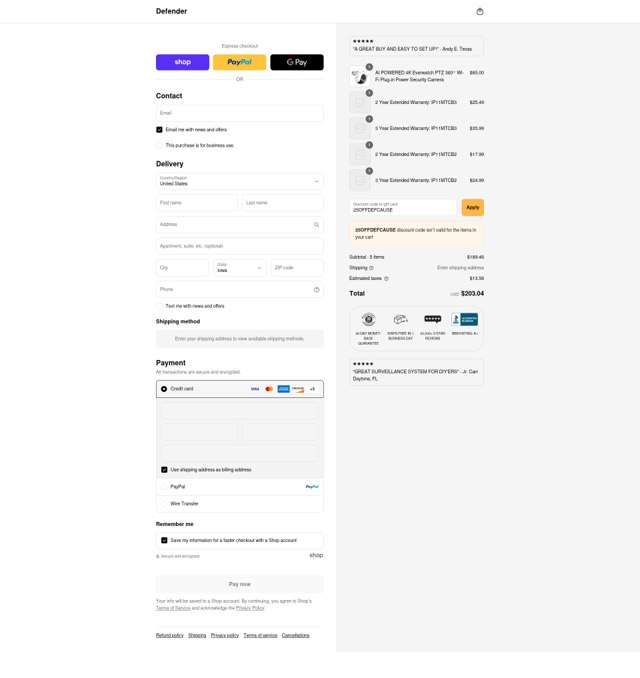 Defender Security Cameras checkout page showing Defender Security Cameras promo code box | Screenshot taken by SimplyCodes community member on Sep 6, 2025