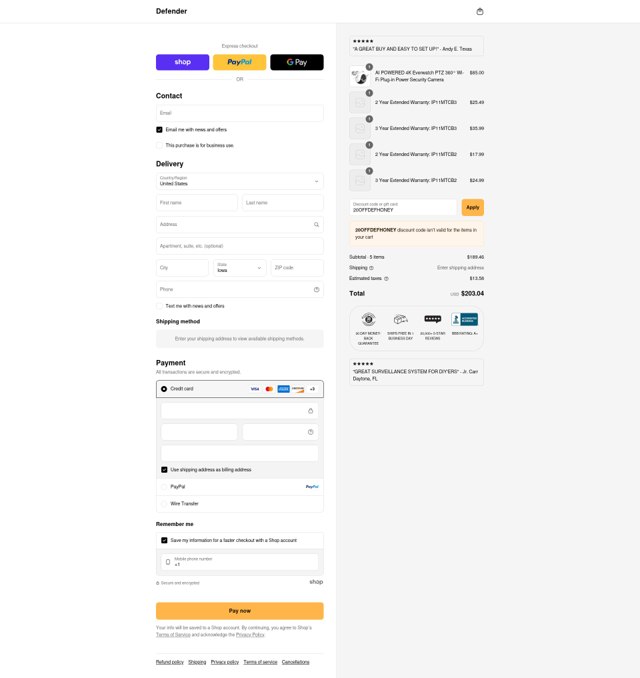 Defender Security Cameras checkout page showing Defender Security Cameras promo code box | Screenshot taken by SimplyCodes community member on Sep 6, 2025