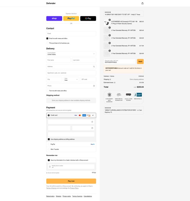 Defender Security Cameras checkout page showing Defender Security Cameras promo code box | Screenshot taken by SimplyCodes community member on Sep 6, 2025