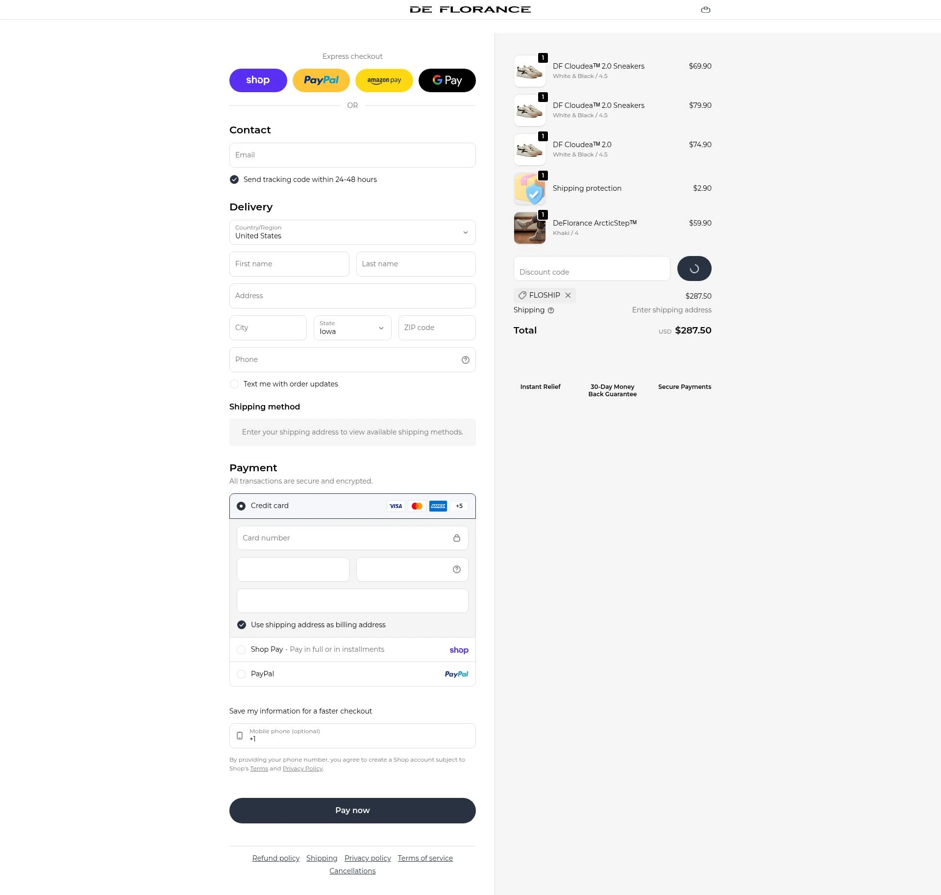Deflorance checkout page showing Deflorance discount code box | Screenshot taken by SimplyCodes community member on Feb 5, 2026