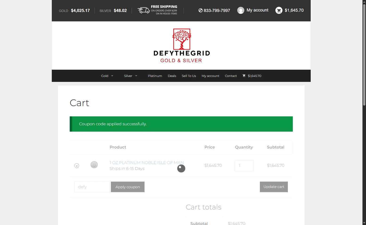 Defythegrid.com checkout page showing Defythegrid.com coupon code box | Screenshot taken by SimplyCodes community member on Oct 22, 2025
