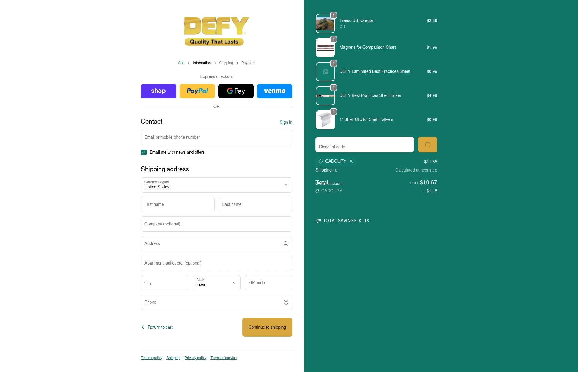 DEFY Wood Stain checkout page showing DEFY Wood Stain promo code box | Screenshot taken by SimplyCodes community member on Jan 8, 2026