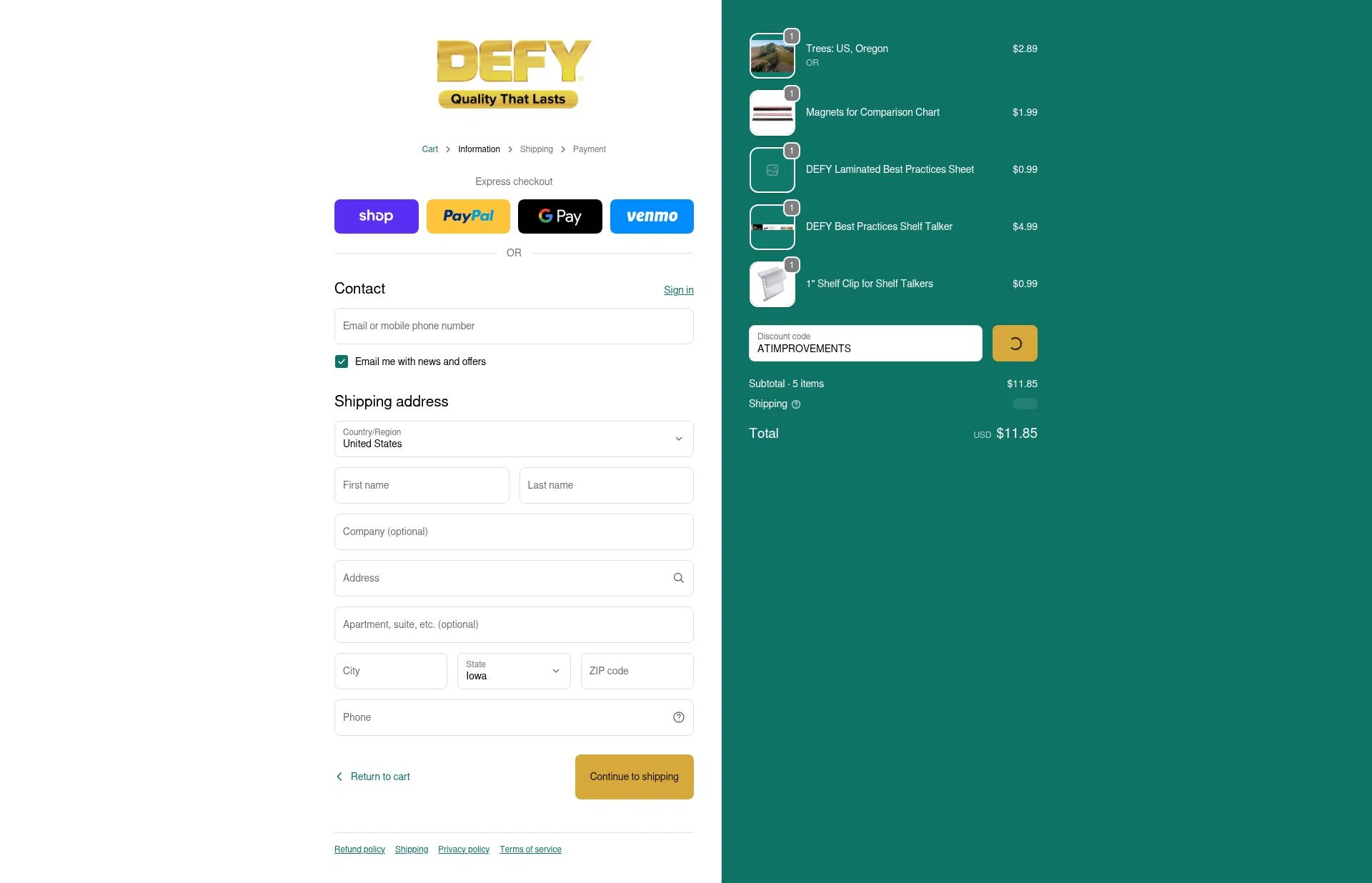 DEFY Wood Stain checkout page showing DEFY Wood Stain promo code box | Screenshot taken by SimplyCodes community member on Jan 3, 2026