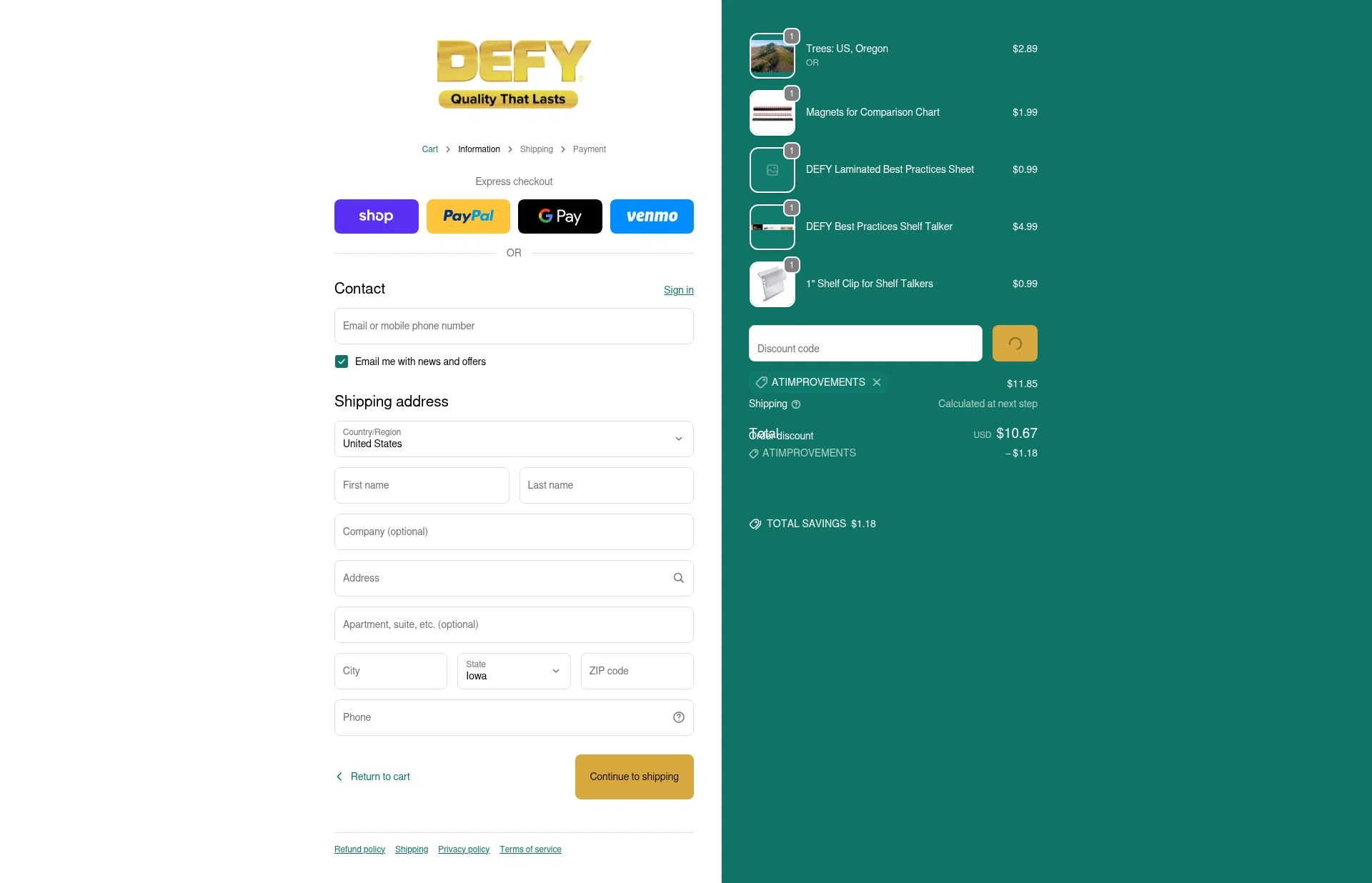 DEFY Wood Stain checkout page showing DEFY Wood Stain promo code box | Screenshot taken by SimplyCodes community member on Jan 8, 2026