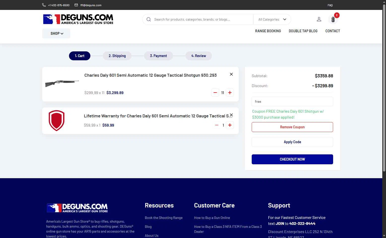 DE Guns checkout page showing DE Guns promo code box | Screenshot taken by SimplyCodes community member on Oct 15, 2025