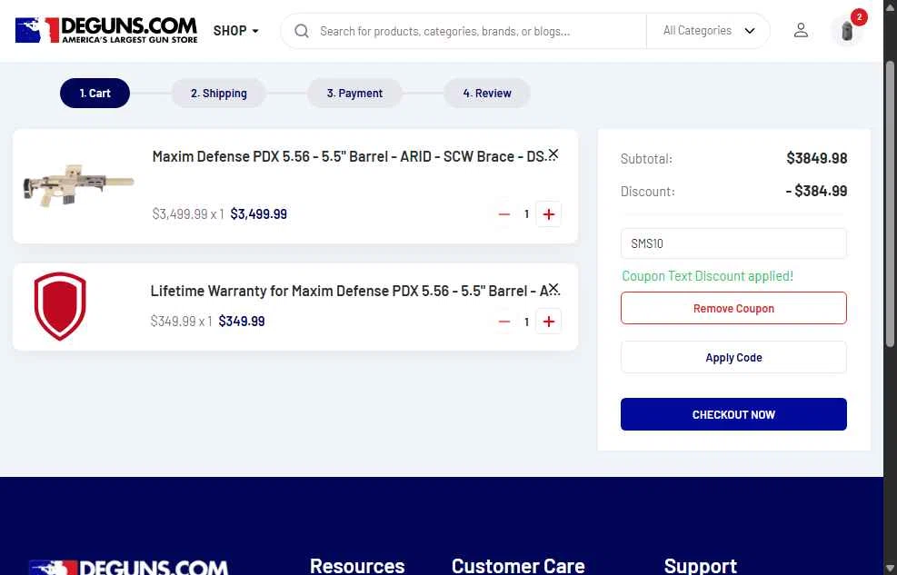 DE Guns checkout page showing DE Guns promo code box | Screenshot taken by SimplyCodes community member on Nov 17, 2025