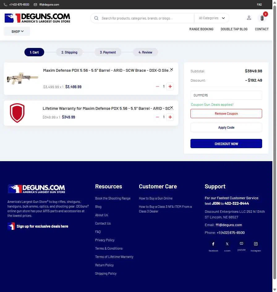 DE Guns checkout page showing DE Guns promo code box | Screenshot taken by SimplyCodes community member on Oct 21, 2025