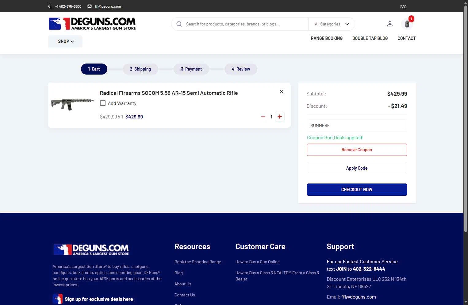 DE Guns checkout page showing DE Guns promo code box | Screenshot taken by SimplyCodes community member on Dec 18, 2025