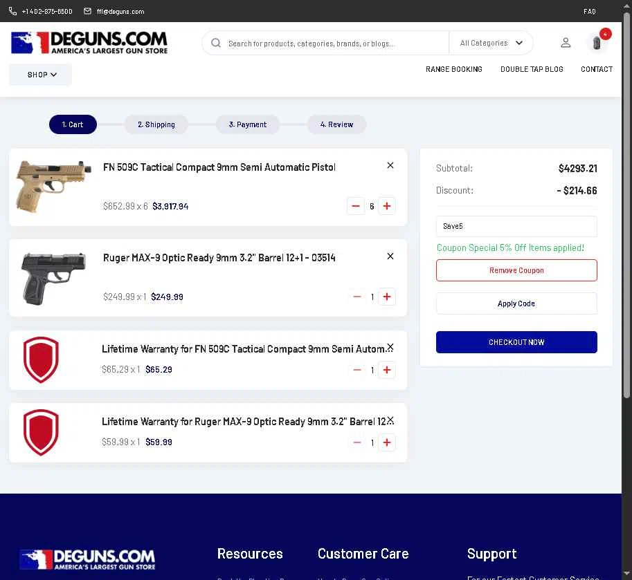DE Guns checkout page showing DE Guns promo code box | Screenshot taken by SimplyCodes community member on Nov 26, 2025