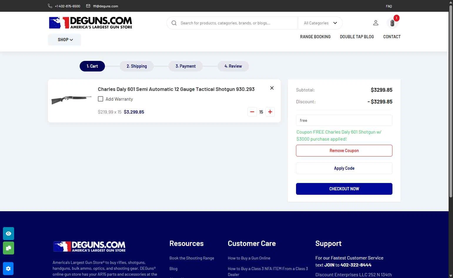DE Guns checkout page showing DE Guns promo code box | Screenshot taken by SimplyCodes community member on Jan 11, 2026