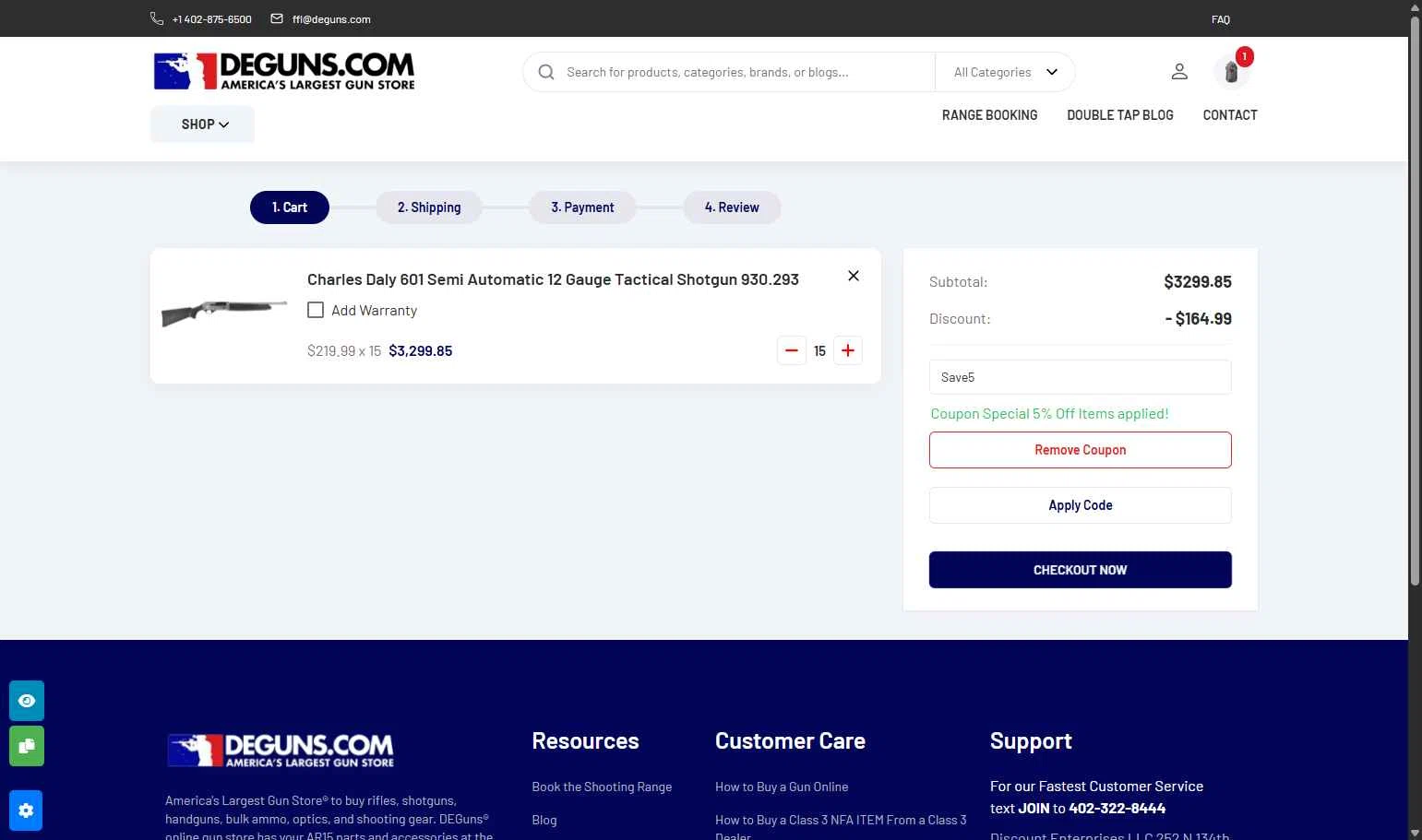 DE Guns checkout page showing DE Guns promo code box | Screenshot taken by SimplyCodes community member on Dec 25, 2025