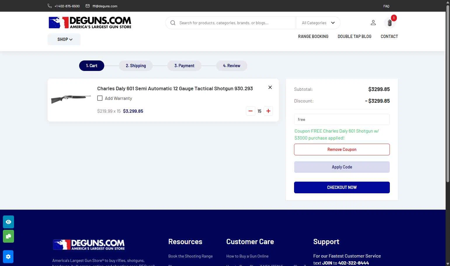 DE Guns checkout page showing DE Guns promo code box | Screenshot taken by SimplyCodes community member on Dec 13, 2025