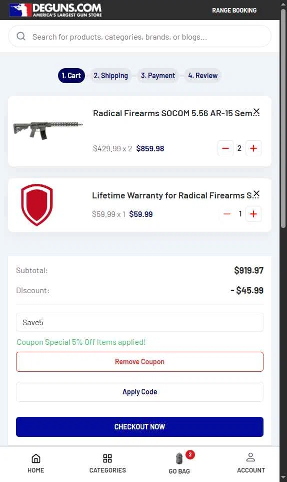 DE Guns checkout page showing DE Guns promo code box | Screenshot taken by SimplyCodes community member on Oct 28, 2025