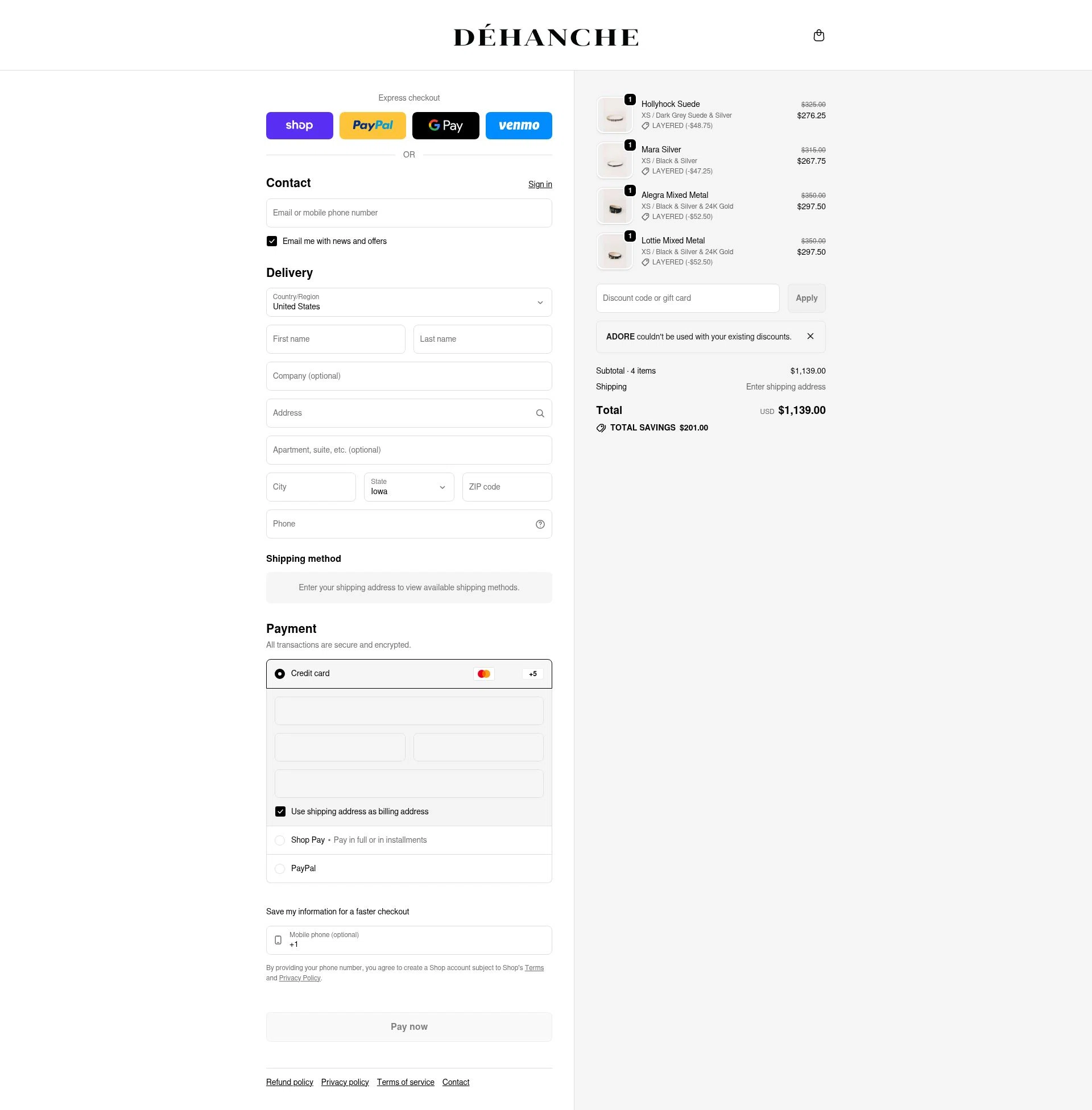 Déhanche checkout page showing Déhanche promo code box | Screenshot taken by SimplyCodes community member on Feb 23, 2026