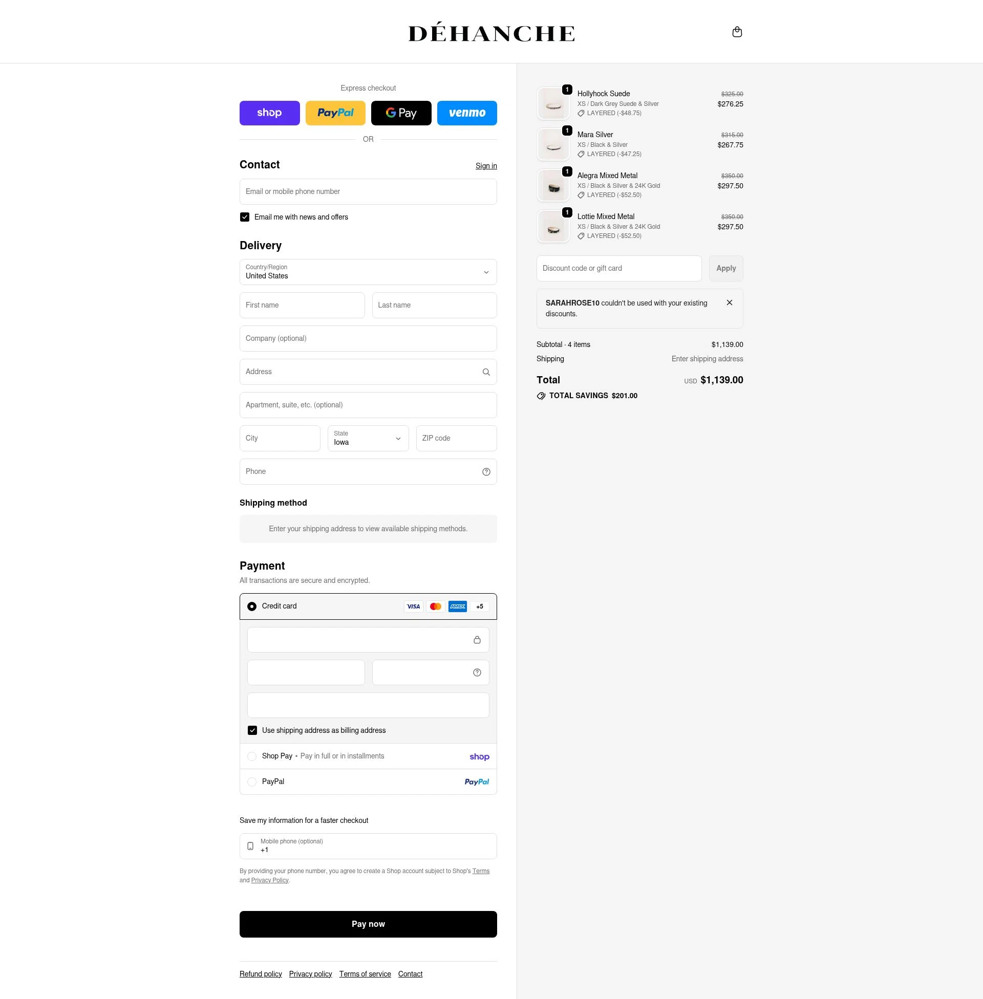 Déhanche checkout page showing Déhanche promo code box | Screenshot taken by SimplyCodes community member on Feb 23, 2026