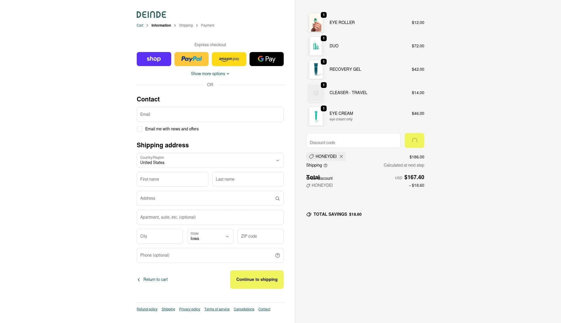 DEINDE checkout page showing DEINDE promo code box | Screenshot taken by SimplyCodes community member on Dec 30, 2025