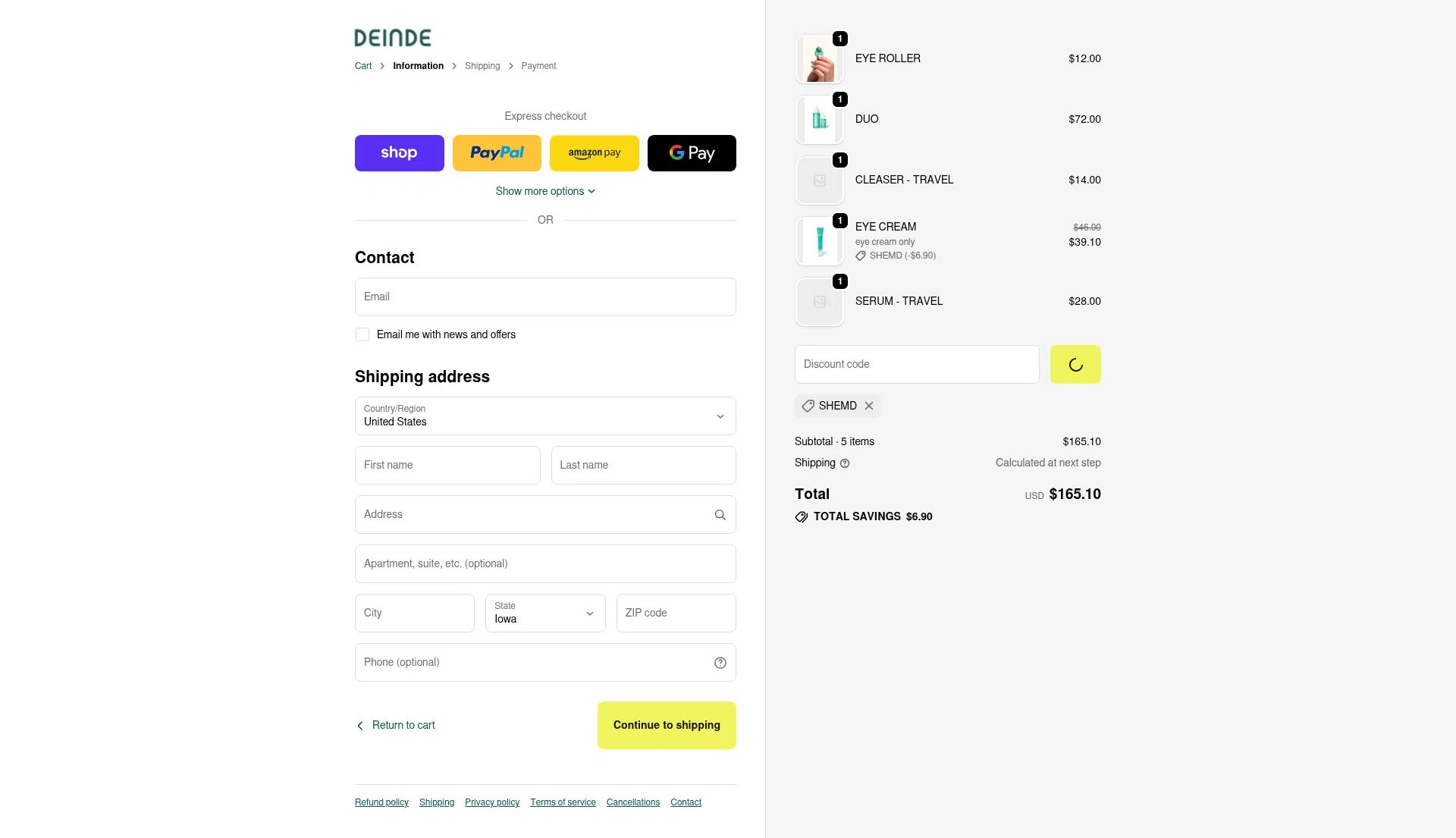 DEINDE checkout page showing DEINDE promo code box | Screenshot taken by SimplyCodes community member on Dec 25, 2025