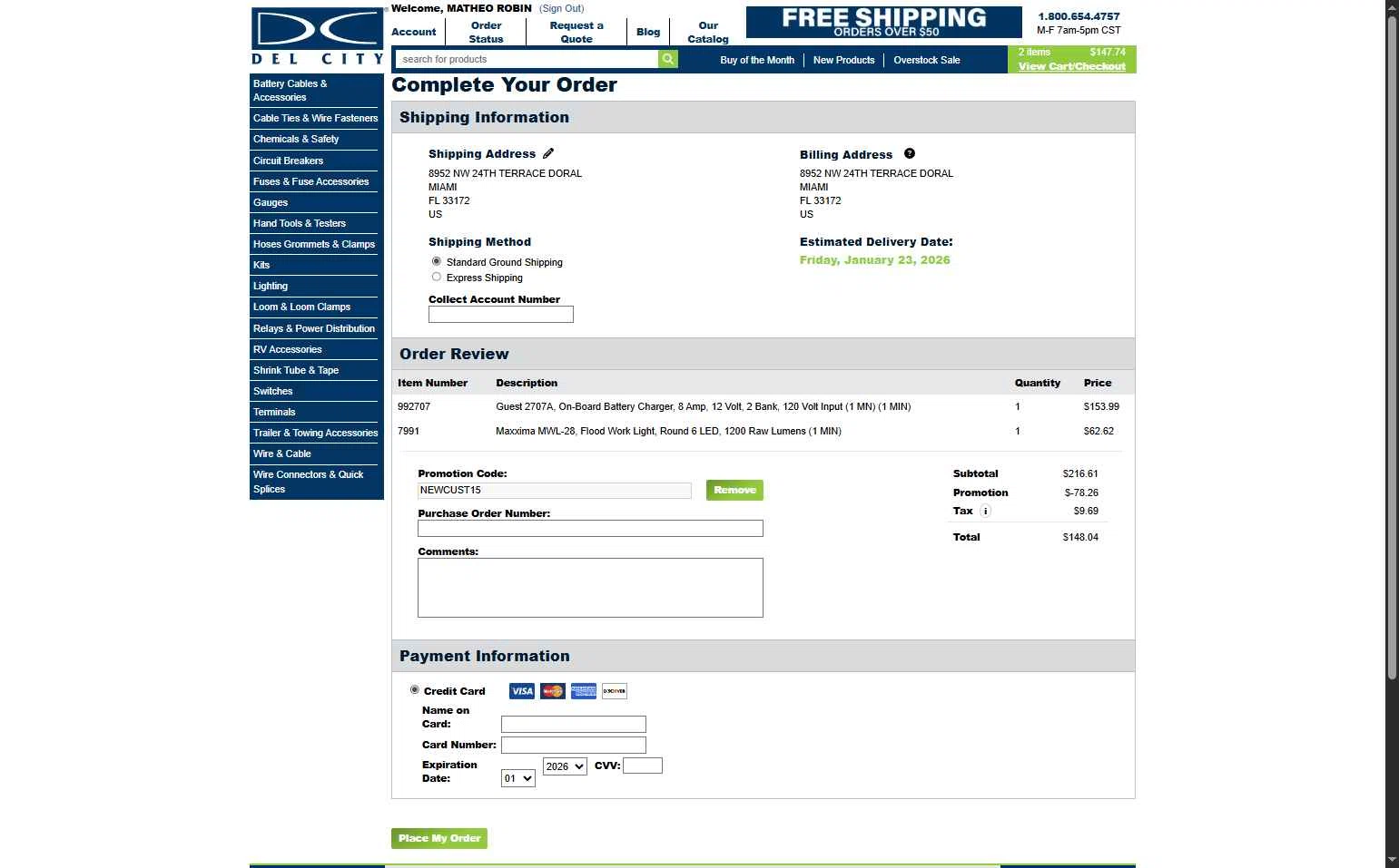 Del City checkout page showing Del City promo code box | Screenshot taken by SimplyCodes community member on Jan 17, 2026