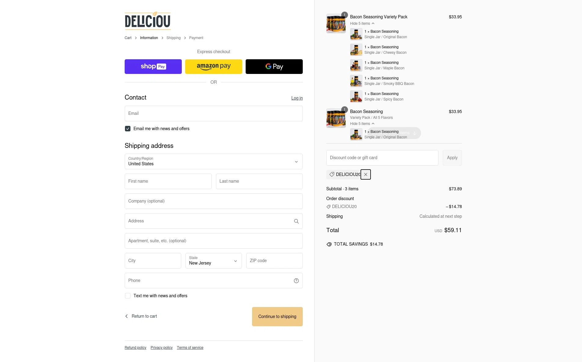 Deliciou checkout page showing Deliciou promo code box | Screenshot taken by SimplyCodes community member on Feb 26, 2025