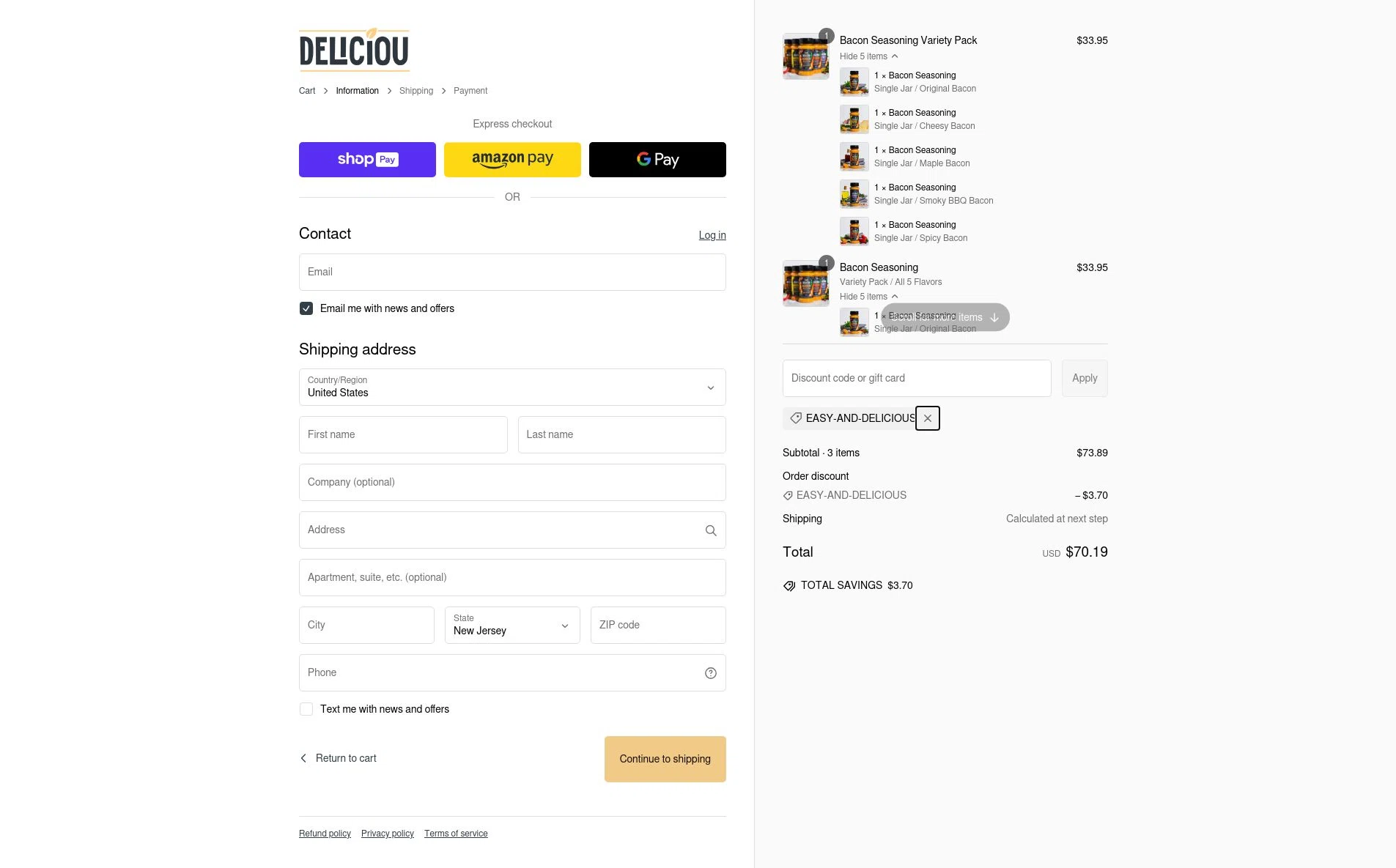 Deliciou checkout page showing Deliciou promo code box | Screenshot taken by SimplyCodes community member on Feb 26, 2025