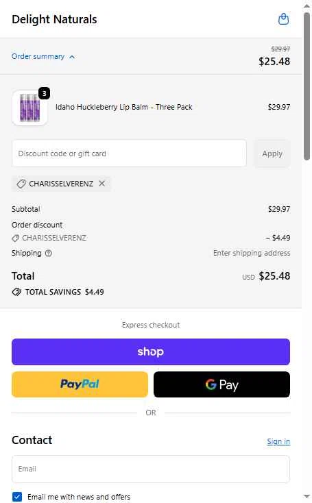 Delight Naturals checkout page showing Delight Naturals promo code box | Screenshot taken by SimplyCodes community member on Feb 8, 2026