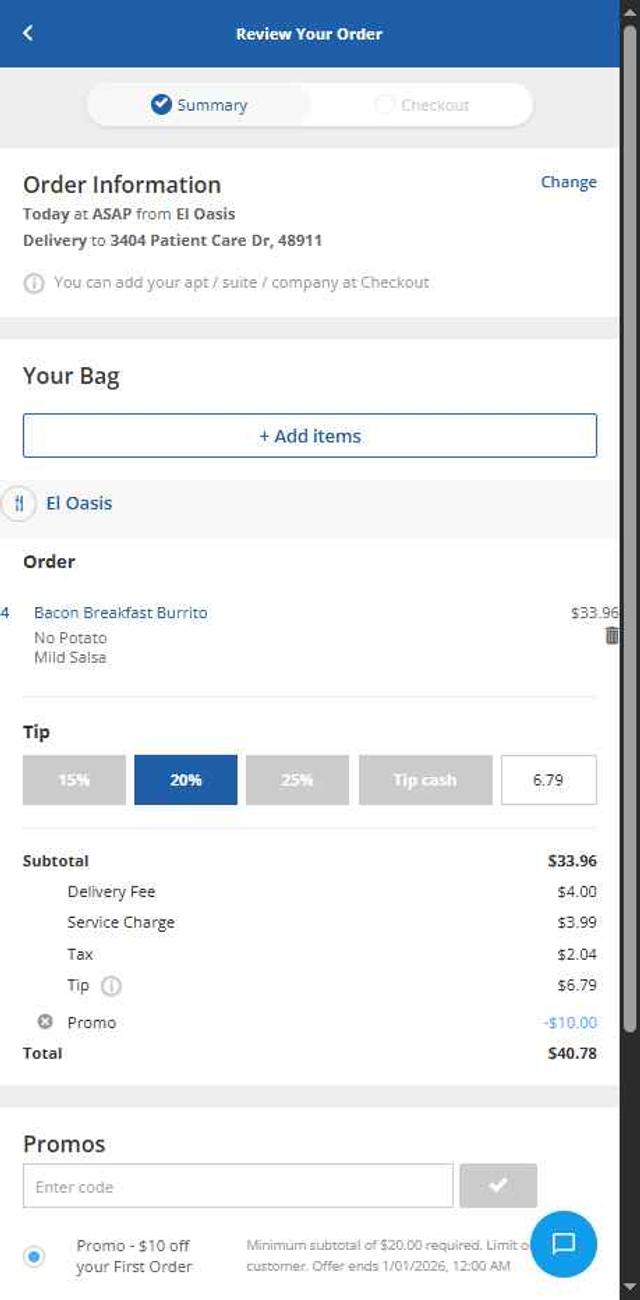 Delivery.com checkout page showing Delivery.com promo code box | Screenshot taken by SimplyCodes community member on Aug 22, 2025