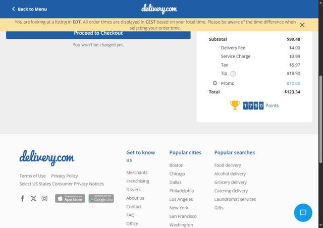 Delivery.com checkout page showing Delivery.com promo code box | Screenshot taken by SimplyCodes community member on Aug 2, 2025
