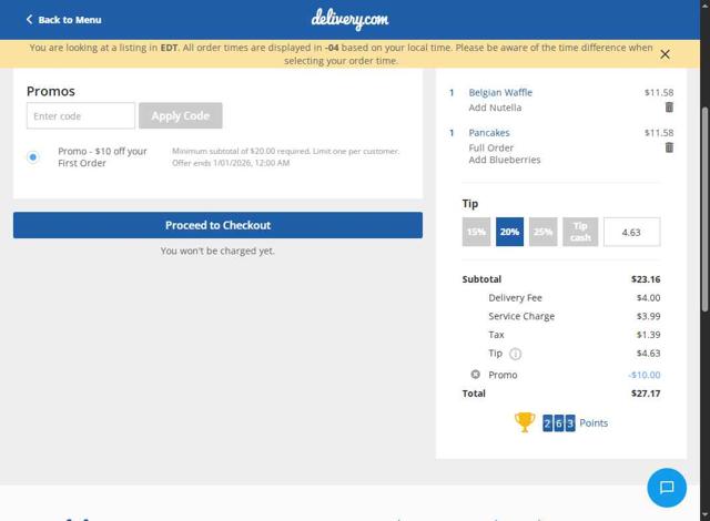Delivery.com checkout page showing Delivery.com promo code box | Screenshot taken by SimplyCodes community member on Sep 7, 2025