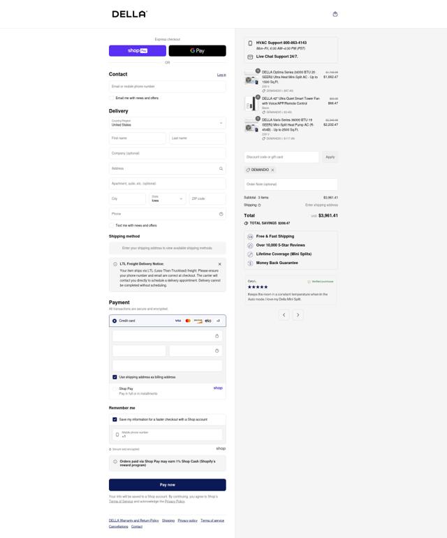 Della Home checkout page showing Della Home promo code box | Screenshot taken by SimplyCodes community member on Aug 22, 2025