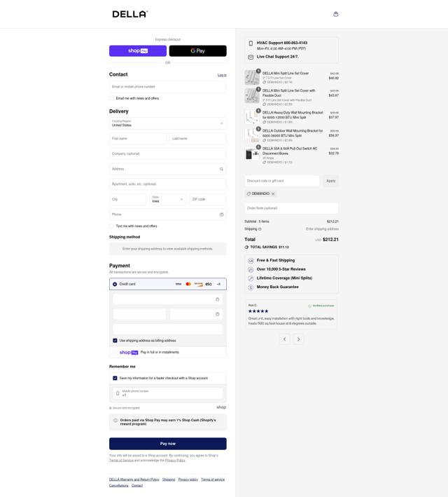 Della Home checkout page showing Della Home promo code box | Screenshot taken by SimplyCodes community member on Jul 27, 2025