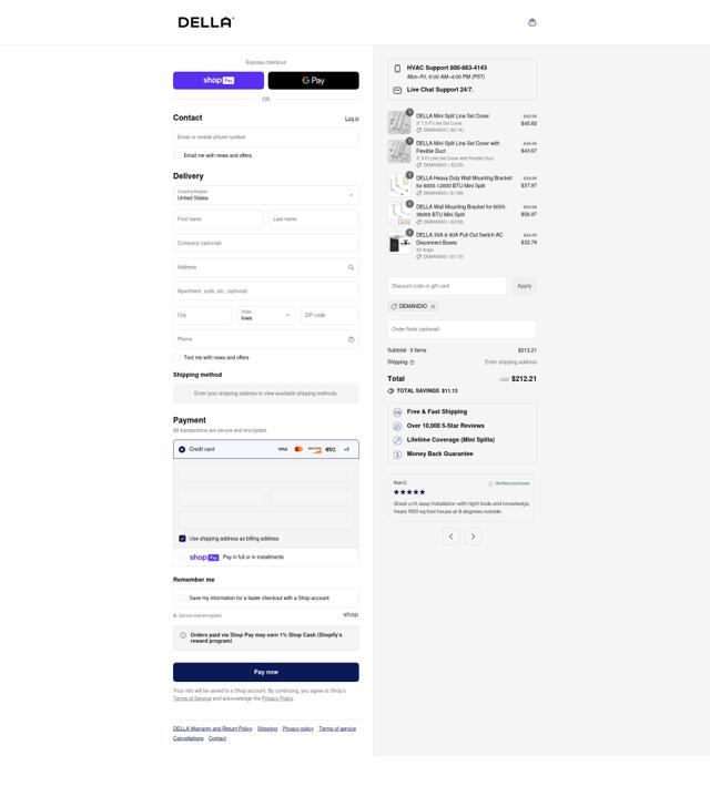 Della Home checkout page showing Della Home promo code box | Screenshot taken by SimplyCodes community member on Aug 5, 2025