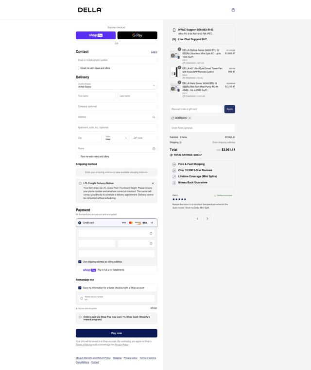 Della Home checkout page showing Della Home promo code box | Screenshot taken by SimplyCodes community member on Aug 13, 2025