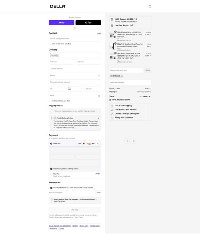 Della Home checkout page showing Della Home promo code box | Screenshot taken by SimplyCodes community member on Sep 4, 2025