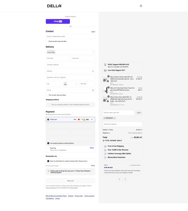 Della Home checkout page showing Della Home promo code box | Screenshot taken by SimplyCodes community member on Aug 26, 2025