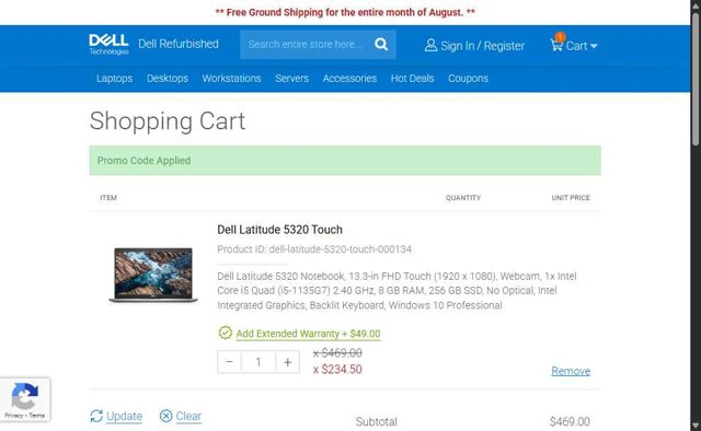 Dell Refurbished checkout page showing Dell Refurbished promo code box | Screenshot taken by SimplyCodes community member on Aug 26, 2025