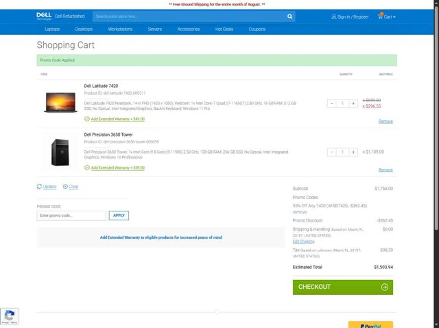 Dell Refurbished checkout page showing Dell Refurbished promo code box | Screenshot taken by SimplyCodes community member on Aug 27, 2025