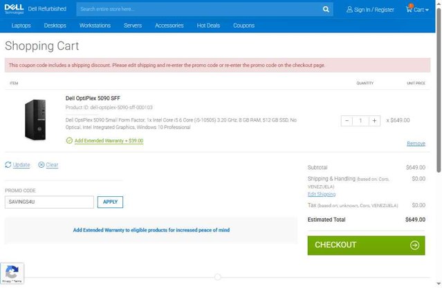 Dell Refurbished checkout page showing Dell Refurbished promo code box | Screenshot taken by SimplyCodes community member on Aug 8, 2025