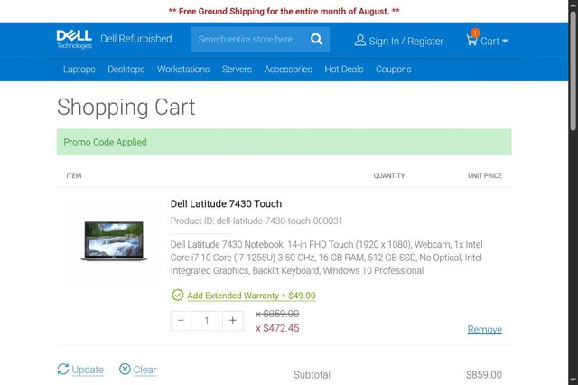 Dell Refurbished checkout page showing Dell Refurbished promo code box | Screenshot taken by SimplyCodes community member on Aug 11, 2025