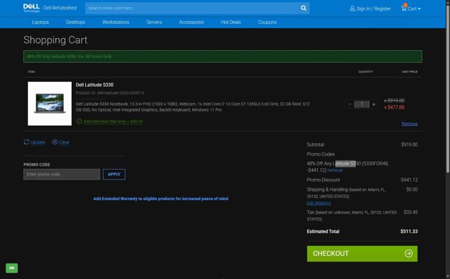 Dell Refurbished checkout page showing Dell Refurbished promo code box | Screenshot taken by SimplyCodes community member on Aug 8, 2025