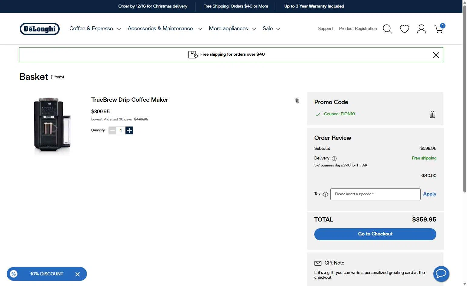 De'Longhi checkout page showing De'Longhi coupon code box | Screenshot taken by SimplyCodes community member on Dec 15, 2025