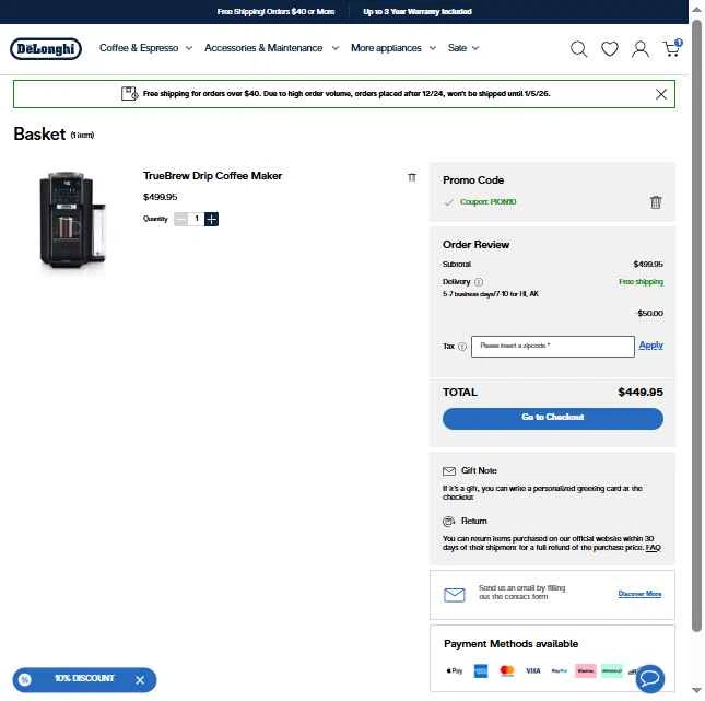 De'Longhi checkout page showing De'Longhi coupon code box | Screenshot taken by SimplyCodes community member on Jan 12, 2026