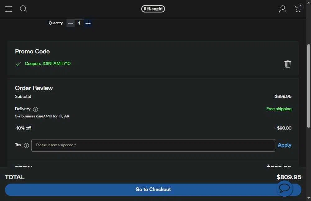 De'Longhi checkout page showing De'Longhi coupon code box | Screenshot taken by SimplyCodes community member on Jan 24, 2026
