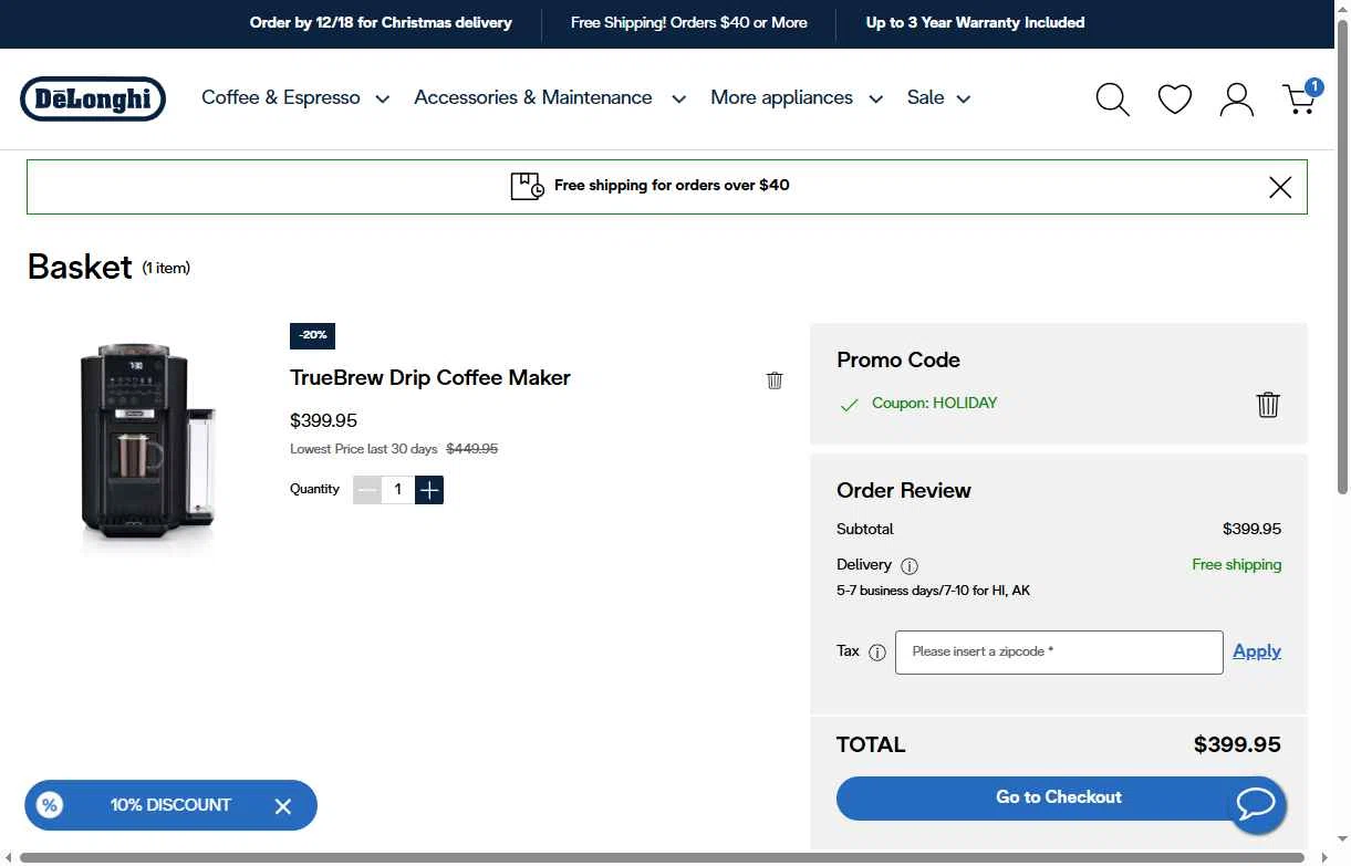 De'Longhi checkout page showing De'Longhi coupon code box | Screenshot taken by SimplyCodes community member on Dec 15, 2025