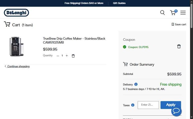 De'Longhi checkout page showing De'Longhi coupon code box | Screenshot taken by SimplyCodes community member on Jul 18, 2025