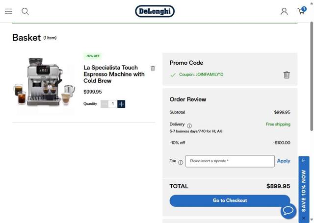 De'Longhi checkout page showing De'Longhi coupon code box | Screenshot taken by SimplyCodes community member on Sep 17, 2025